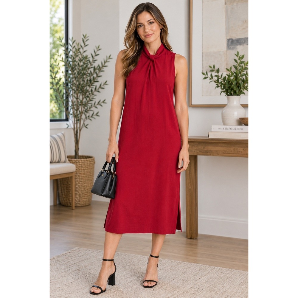 Banana Republic Red Twist Neck Sleeveless Midi Dress Size 2 High Neck Keyhole